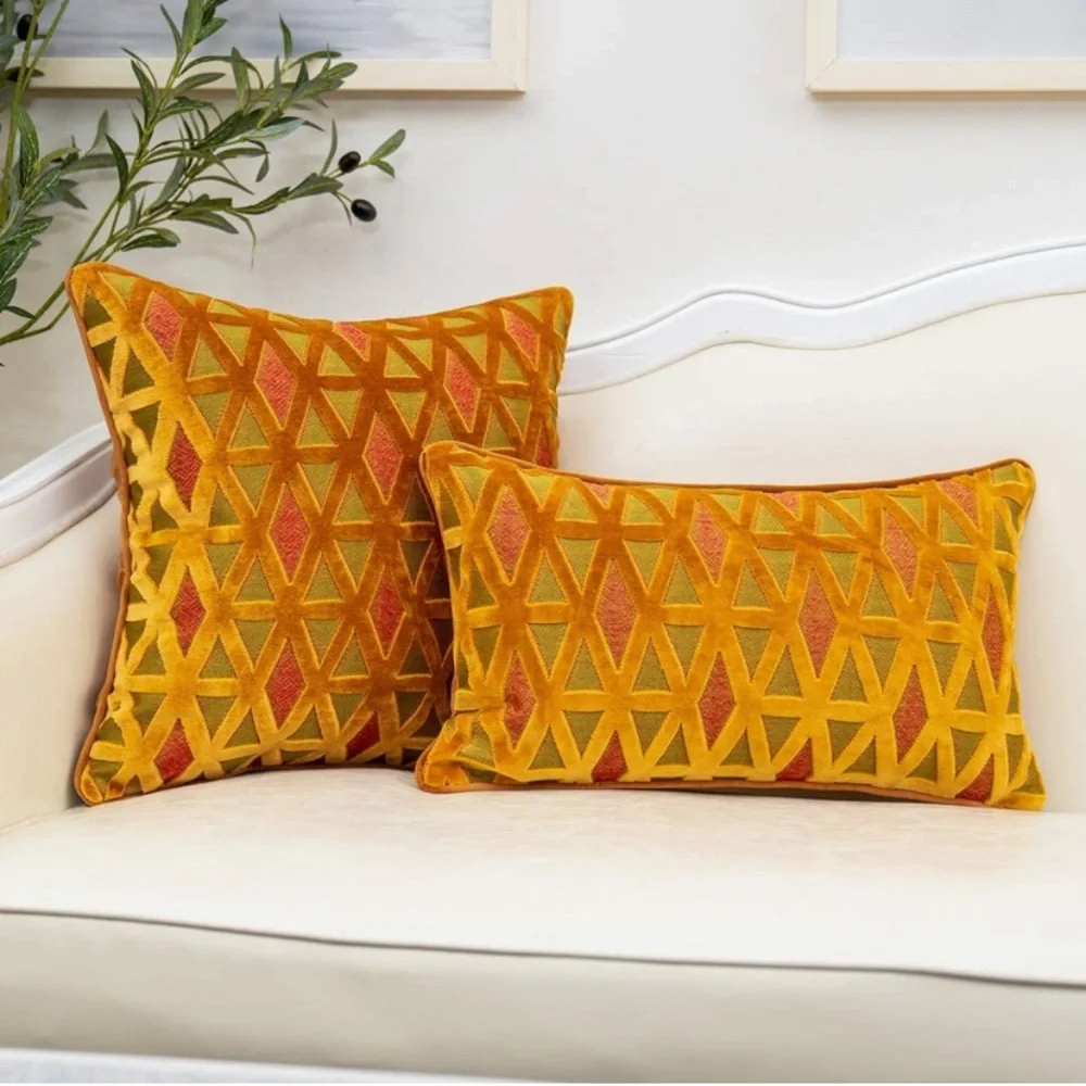 Luxury Home | Golden Orange Diamond Cut Velvet Jaquard Lumbar Throw Pillow Cover